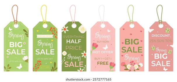 Big vector spring sale label set. Spring seasonal discount, big sale, special, hot offer, half price tag and shop now. Spring sale up to 50%, 40%, 25%, 70% off shopping tag. Sale banner template