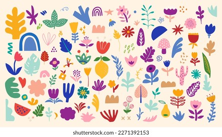 Big vector spring and summer collection of flowers, leaves, abstract elements and spring symbols.