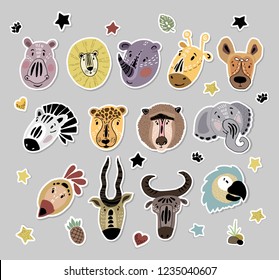Big vector sticker pack - set with cute African animals faces, hand drawing plus flat style mixed,cartoon stylized characters, illustration