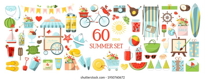 A Big vector summer set. Accessories for beach holidays by the sea. Flat design Illustration for ads, web, flyers, and banners. Set of cartoon icons. Summer fruits, food, transport and clother.