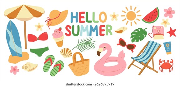 Big vector summer set. Hello summer. Ice cream, swimsuit, inflatable circle, sun cream, flowers, shells. Collection of summer elements for scrapbooking. Hand drawn style. Summer poster.