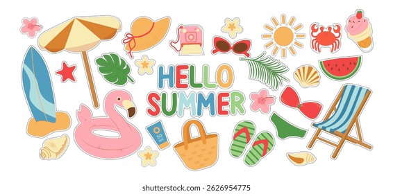 Big vector summer set. Hello summer. Ice cream, swimsuit, inflatable circle, sun cream, flowers, shells. Collection of summer elements for scrapbooking. Hand drawn style. Summer poster