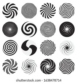 Big vector swirl set. Various circular monochrome twirls. Black and white graphic illusions. Vector illustration for your graphic design.