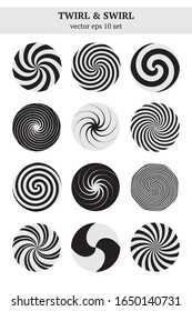 Big vector swirl set. Various circular monochrome twirls. Black and white graphic illusions. Vector illustration for your graphic design.