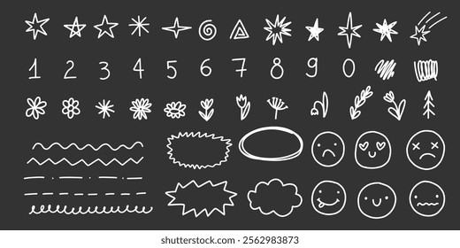 Big vector symbol doodle set with digit, stars, number and character faces emotions underline strokes.