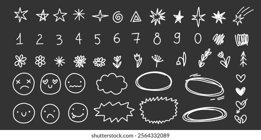 Big vector symbol doodle set with digit, stars, number and character faces emotions underline strokes.