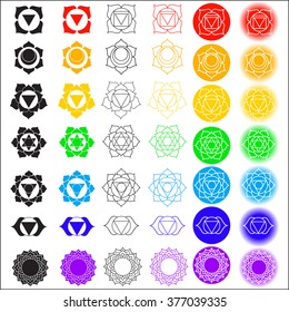 Big vector symbol set of chakras.Color yoga chakra icons isolated on white. Solid character illustration of Hinduism and Buddhism. For design, associated with yoga and India.