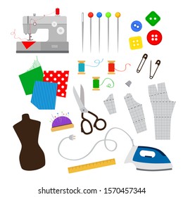 Big vector tailor set with sewing machine, buttons, iron, dummy, ruler, pins and other things from tailor tool kit. Vector illustration for your graphic design.