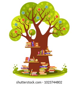 Big vector tree with flowers and brown wooden shelves with many colorful books, teddy bear, clock and a photo frame in cartoon style. Home library. Love reading. Education for kids