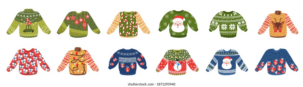 Big vector ugly sweaters set for Christmas party. Funny Xmas jumper in green, red, yellow and blue colors. 