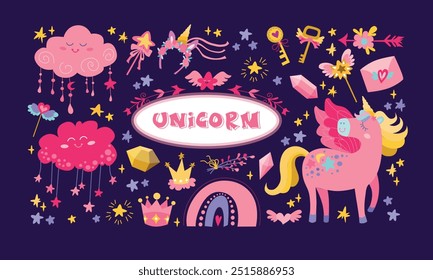 Conjunto de pegatinas de princesa unicornio de Vector grande. Colección de icono de parche de cuento de hadas con divertido unicornio de hadas, arco iris, nubes, estrella que cae. Ilustraciones planas lindas del mundo de la fantasía de la magia en fondo azul
