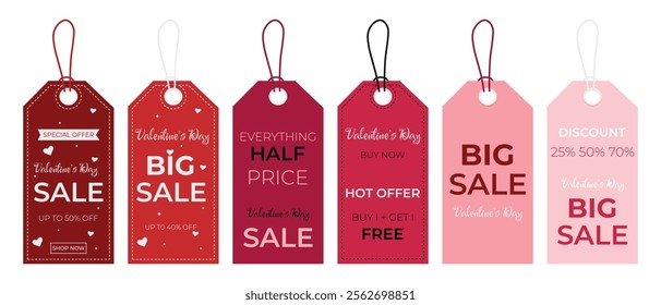 Big vector Valentine's day sale label set. Love day discount, big sale, special, hot offer, half price tag and shop now. Romantic sale up to 50%, 40%, 25%, 70% off shopping tag. Sale banner template