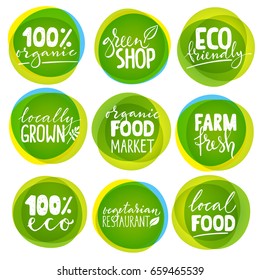 Big vector of vegetarian stickers with lettering. Healthy grown food labels. 