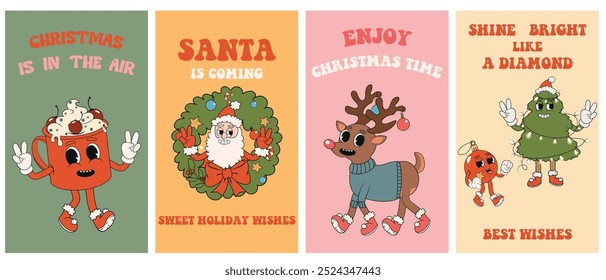 Big vector vertical retro Christmas poster set. Groovy illustration style with Santa Claus, Christmas tree, deer, holly jolly vibes, coffee in trendy retro cartoon style. Celebration banner