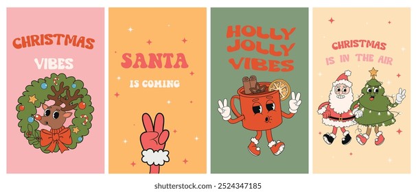 Big vector vertical retro groovy Christmas poster set. Groovy illustration style with Santa Claus, Christmas tree, deer, holly jolly vibes, coffee in trendy retro cartoon style. Celebration banner