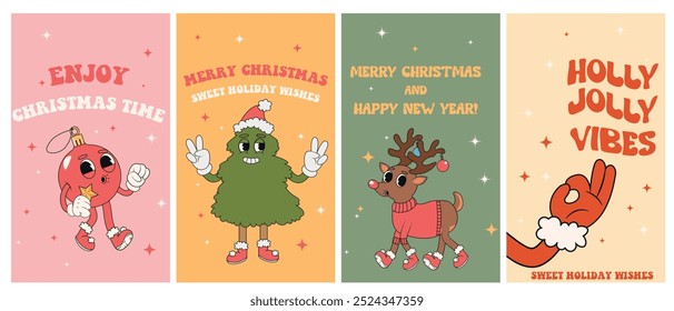 Big vector vertical retro groovy Christmas poster set. Groovy illustration style with Santa Claus, Christmas tree, deer, holly jolly vibes, coffee in trendy retro cartoon style. Celebration banner