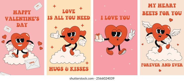 Big vector vertical retro groovy Valentine's day poster set. Groovy illustration style with hearts, angel wings, gifts, stars, cloud in trendy retro cartoon style. Celebration, greeting card banner