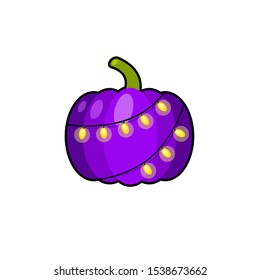 Big vector violet pumpkin with yellow lights around. Cute Halloween illustration. Cartoon food card