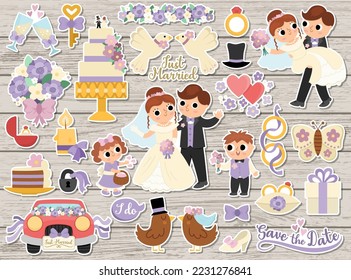 Große Vektoraufkleber für Hochzeitsaufkleber. Die Ehezeremonie patcht Symbole Sammlung mit lustigen nur verheirateten Paar, Braut, Bräutigam, Brautjungfern, Kuchen. Cute matrimonale Illustrationen auf Holzhintergrund
