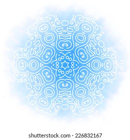Big vector white  snow flake on blurred  blue background.