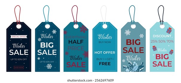 Big vector winter blue sale label set. Winter discount, big sale, special, hot offer, half price tag and shop now. Winter sale up to 50%, 40%, 25%, 70% off shopping tag. Sale banner template