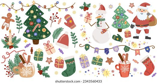 Gran Vector de invierno de Navidad. Año nuevo, elementos de Navidad, árbol, regalos, medias, sombrero de Santa.