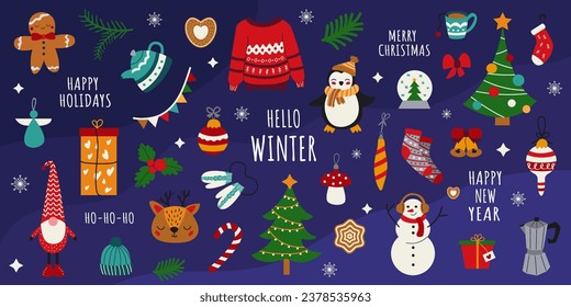 Big vector winter set. Collection of winter elements for scrapbooking. Christmas tree, snowflakes, penguin, toys, hat, gloves, reindeer. Banner, poster, placard. Blue isolated background.