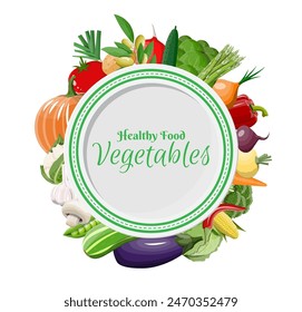 Big vegetable icon set and plate. Onion, eggplant, cabbage, pepper, pumpkin, cucumber, tomato carrot and other vegetables. Organic healthy food. Vegetarian nutrition. Vector illustration in flat style