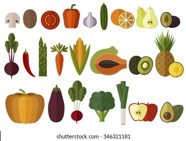 Big Vegetables and Fruits Set. Isolated. Modern Flat design. Can be used for menu, cooking books design, organic farm labels, infographics. Pepper, Mushroom, Garlic, Papaya, KIwi, Eggplant, Lettuce.
