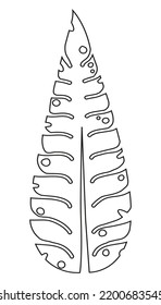 Gran hoja vertical larga de palma con agujeros en una línea negra de contorno, arte decorativo, objeto aislado, ilustración botánica vectorial, impresión decorativa natural.