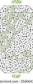 Big vertical rectangular labyrinth with cropped corners. Maze of high complexity with solution. Black and white hard riddle with high level of difficulty. Nice brainstorm puzzle.