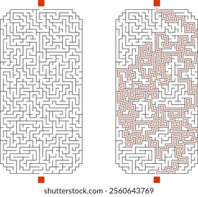 Big vertical rectangular labyrinth with cropped corners. Maze of high complexity with solution. Black and white hard riddle with high level of difficulty. Nice brainstorm puzzle.