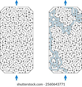 Big vertical rectangular labyrinth with cropped corners. Maze of high complexity with solution. Black and white hard riddle with high level of difficulty. Nice brainstorm puzzle.