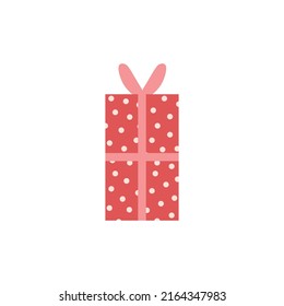 Big vertical red with polka dots gift box, pink ribbon and bow flat style, vector illustration isolated on white background. Holiday present, congratulation, party