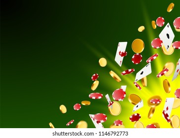 A big victory. Winning in the casino. Flying chips, playing cards and coins on a green background. Vector illustration