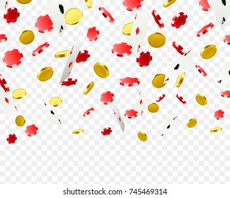 A big victory. Winning in the casino. Flying chips, playing cards and coins on a transparent background. Vector illustration