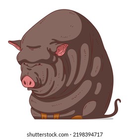 Big Vietnamese Black Pig, isolated vector illustration. Cartoon picture of a potbellied pig sitting. An animal sticker. Simple drawing for kids of a hog on white background. A big black boar. Pork