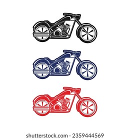 Big Vintage Cruiser Motorcycle Black, Blue, Red, White Silhouette Vector
