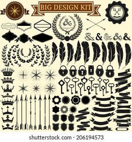 Big vintage design kit. Collection of 100 vector calligraphic icons for retro design, vintage frames, feathers, wreathes, keys, locks, stars, banners. Vector illustration.