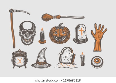 Big vintage halloween set of broom, skull, pumpkin, hand, graves, scythe, with's hat, cauldron, candle, eye in retro style. Monochrome Graphic Art Illustration. Vector
