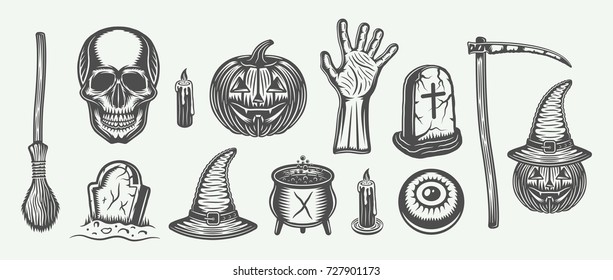 Big vintage halloween set of broom, skull, pumpkin, hand, graves, scythe, with's hat, cauldron, candle, eye in retro style. Monochrome Graphic Art. Vector Illustration.