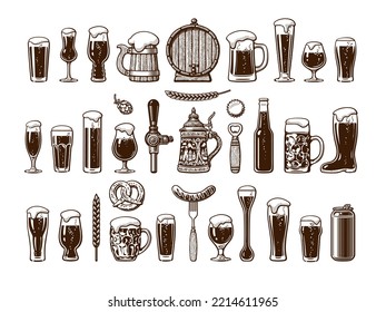 Big vintage set of beer objects. Various types of beer glasses and mugs, old wooden barrel, hop, bottle, can opener, beer tap, sausage on fork. Hand drawn engraving style vector illustration.