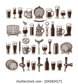 Big vintage set of beer objects. Various types of beer glasses and mugs, old wooden barrel, hop, bottle, can opener, beer tap, sausage on fork. Hand drawn engraving style vector illustration.