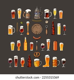 Big vintage set of beer objects. Various types of beer glasses and mugs, old wooden barrel, hop, bottle, can opener, beer tap, sausage on fork. Hand drawn vector illustration on dark background.