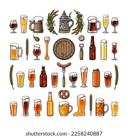 Big vintage set of beer objects. Various types of beer glasses and mugs, old wooden barrel, hop, bottle, can opener, beer tap, sausage on fork. Hand drawn vector illustration on white background.