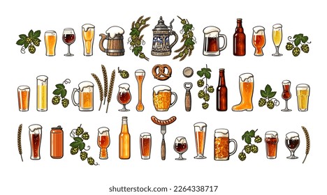 Gran colección de objetos de cerveza. Diversos tipos de gafas y tazas de cerveza, ramas de lúpulo, orejas de cebada, pretzel bávaro, botella, abrelatas, salchicha en tenedor. Ilustración vectorial dibujada a mano.