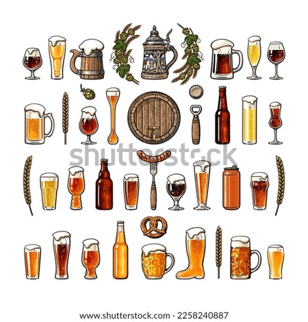 Big vintage set of beer objects. Various types of beer glasses and mugs, old wooden barrel, hop, bottle, can opener, beer tap, sausage on fork. Hand drawn vector illustration on white background.