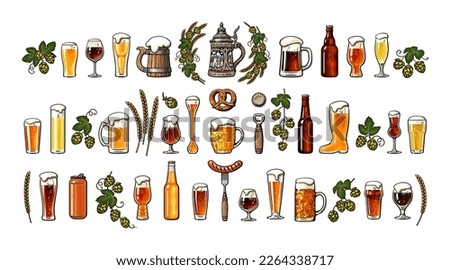 Big vintage set of beer objects. Various types of beer glasses and mugs, branches of hops, ears of barley, bavarian pretzel, bottle, can opener, sausage on fork. Hand drawn vector illustration.