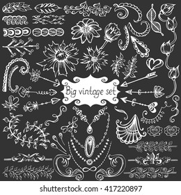 Big vintage set with floral romantic elements. Vector sketch decorative collection. Flowers, leaves, arrows, ornament and page decor in doodle style. 