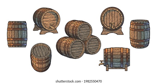 Big vintage set of old wooden barrels for beer, wine, whisky, rum in different positions. Three stacked casks, barrel with tap on the stand, front, side and three quarters view. Vector illustration.